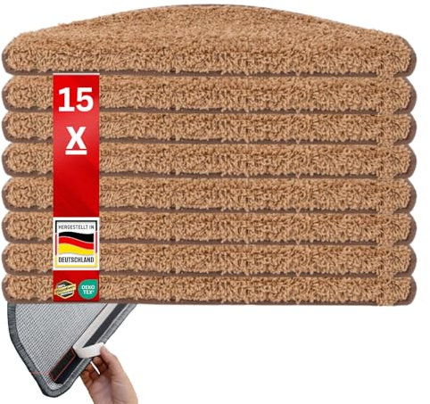 Floordirekt Shaggy-Stufenmatten Barcelona - 15er Set - Treppenmatten in 16 Farben, Strapazierfähig & pflegeleicht, Stufenteppich für Innen (Hellbraun, Halbrund 65 x 23,5 cm)