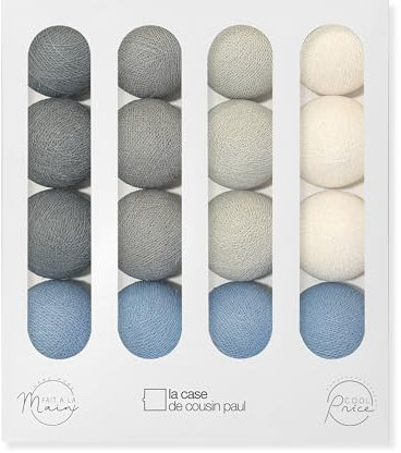 La Case de Cousin Paul Guirlande Lumineuse Chambre Enfant Boules Tissées LED, Interrupteur ON/OFF, USB, Fabriquée à la Main, Artisanale - 16 Boules (Ecume)