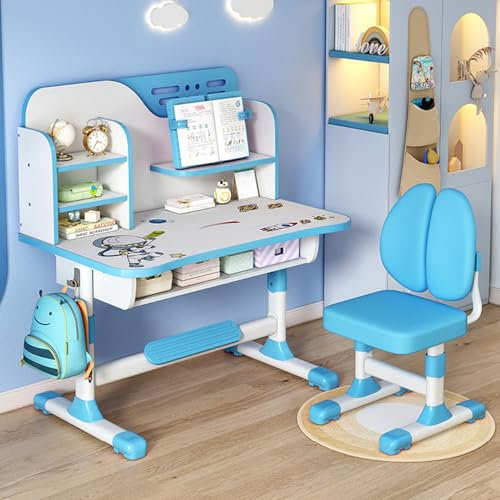 reukmuuc Kinder-Schreibtisch- und Stuhl-Set, neigbarer Schreibtisch mit Buchständer, LED-Licht, Aufbewahrungsschublade und Metallhaken, Lerntisch, Schreibtafel für Schlafzimmer, Blau