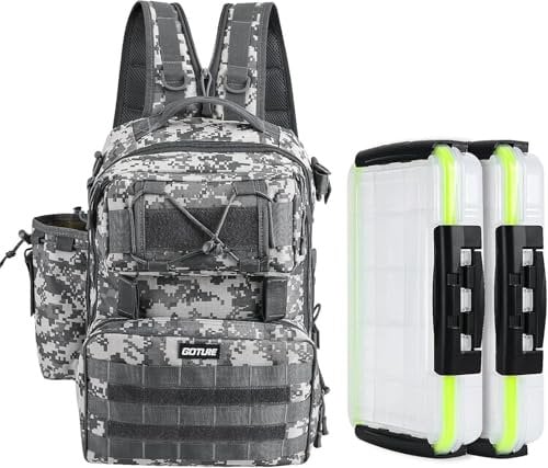 Goture Angelrucksack, Angelzubehör-Rucksack mit Rutenhalter 2 Köderbox, Tasche für Salzwasser- und Süßwasserfischen Angeltasche mit Boxen