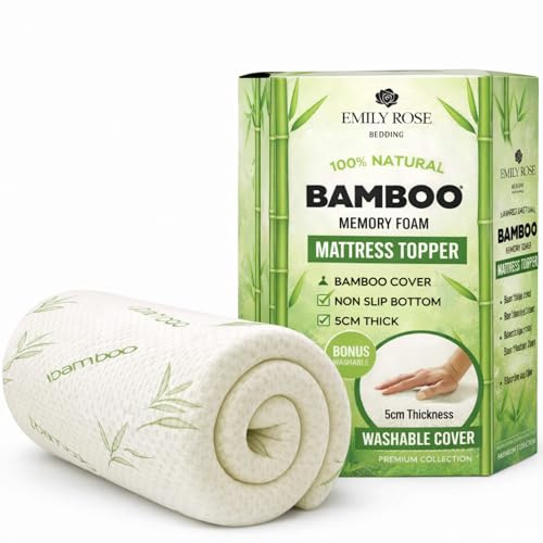 5cm Thick Bamboo Mattress Topper for Double Bed - Luxury Soft & Cosy Mattress Enhancer Pad with Easy Fit Straps - Breathable, Hypoallergenic Topper for Back Pain Relief with Machine Washable Cover