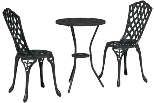 vidaXL black cast-iron outdoor dining set - circular patio/balcony table and 2 chairs - small weather-resistant furniture