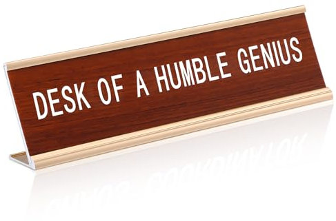 Weysat Funny Desk Signs for Office Desk Plaque Gifts Supplies Accessories Name Plate for Boss Manager Leader Coworker Leaving Gifts with Gold Holder Funny Signs (Desk of A Humble Genius)