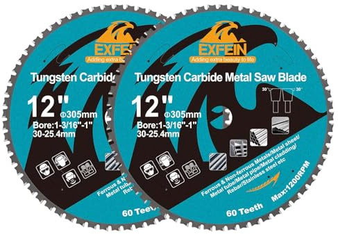 30,5 cm Metall-Kreissägeblatt - 2er-Pack EXFEIN Wolframkarbidbestückte TCT-Sägeblätter mit 60 Zähnen für Stahl, Edelstahl, Nickel, Titan, Eisenmetalle, Stahlrohr