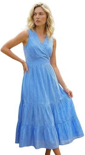 Roman Originals Embroidered V-Neck Midi Dress for Women UK - Ladies Everyday Holiday Spring Summer V-Neckline Comfy Soft Evening Vacation Work Party - Light Blue - Size 14