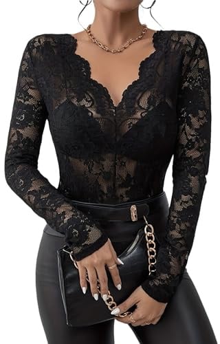 LEBOOBELL Haut Femme Dentelle Deep V Floral Lace Top Sexy Sheer Blouse Transparente Manches Longues French Chic