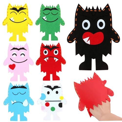 Pesoncarl Farbige Monster-Handpuppen, 7 Stück, emotionale Traurigkeit, Plüsch-Fingerpuppen, Monster-Puppe aus Vliesstoff, DIY-Sockenpuppe für frühes Lernen für Geburtstagsfeiern, als Partyzubehör