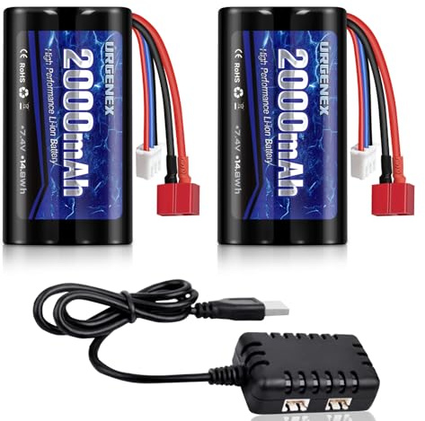 URGENEX Li-ion Battery 7.4V 2000mAh with Dean-Style T Plug 2S Rechargeable RC Battery Fit for WLtoys 4WD High Speed RC Cars and Most 1/10, 1/12, 1/16 Scale RC Cars Trucks with 1TO2 USB Charger