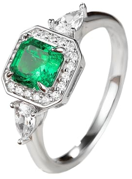 Whoiy Damenring Kreierter Smaragd 1ct, Damen Ehering Echtgold 585 Halo Ring Verlobung Weißgold 14K Echt Trauringe für Frauen Gr. 62 (19.7)