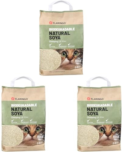 Flamingo Klumpstreu aus Soja - Feine Körnung, 2,5 kg für 6 Wochen, Biologisch Abbaubar, Staubarm und Geruchsbindend, Ideal für Maine Coon, Britisch Kurzhaar, Ragdoll, Norwegische Waldkatze usw.