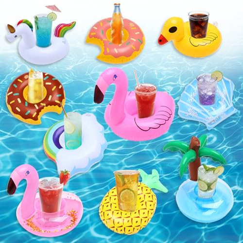 10Pcs Inflatable Pool Drink Holder Set with Air Pump, Floating Cup Holders for Drinks, Inflatable Coaster Beverage Holders for Pool, Beach, Hot Tub & Summer Party Toys