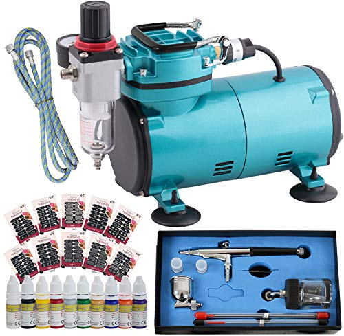 AirBrush SET Compact I Nail Set II - Airbrush Komplett Set mit sehr leisem Airbrush Kompressor/Universal Airbrush Pistole Double-Action inkl. 3 Düsen und Druckluftschlauch, mit Airbrush-Farbe