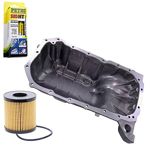 BESTPRICE 1x Ölwanne, 1x Ölfilter, 1x 70ml Hochtemperatursilikon rot Kompatibel mit CITROËN BERLINGO, C2 (JM_), C3, C4, XSARA, PEUGEOT 1007 (KM_), 206, 207, 307, PARTNER,