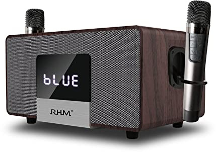 RHM K222 Karaoke Machine, Connect to TV via Optical, with Powerful Sound, Deep Bass & 2 UHF Wireless Mics, Support Bluetooth/AUX/USB/PC, Wooden Karaoke System for Home, Singing Party, Christmas