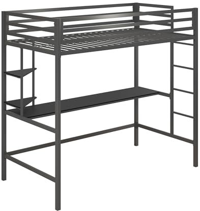 Novogratz Maxwell Metal Twin Loft Bed with Desk & Shelves, Grey
