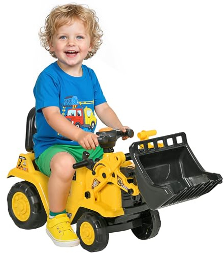 HOMCOM Ride On Excavator, Kids Bulldozer Pull Cart with Horn, Under Seat Storage, Sit and Scoot Pretend Play Toy Construction Car for Ages 18-48 Months