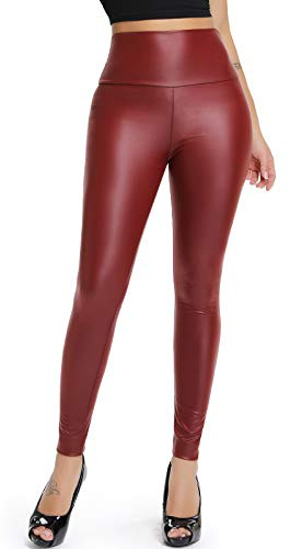 STARBILD Wet Look Faux Leather Leggings, Butt Push Up High Waist Leather Leggings Full Length Tight Leather Legging Trousers for Women, Red, UK 2-4