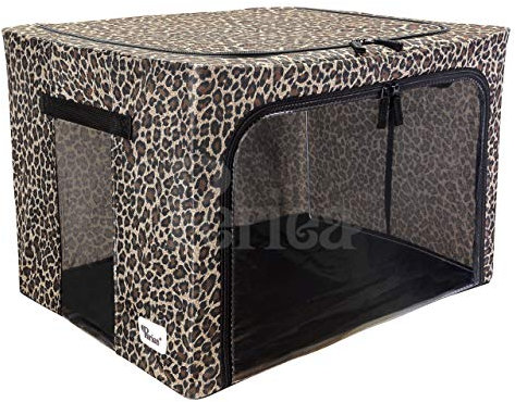 Periea ‘Beau’ Folding Collapsible Stackable Fabric Home Storage Boxes with Steel Frames (Gold Leopard, Large)