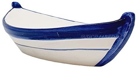 Sicilia Bedda - BARCA IN CERAMICA SICILIANA - Prodotto Artigianale dipinto a Mano - Lunghezza 19 Cm (Bordo Blu)