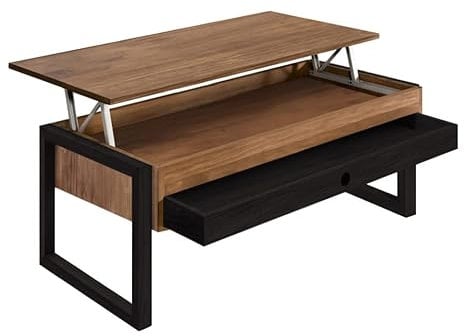 HOGAR24 ES - Neron - Mesa Centro Elevable Cajón Deslizante Madera Maciza Color Encerado y Negro, Pata Cuadrada