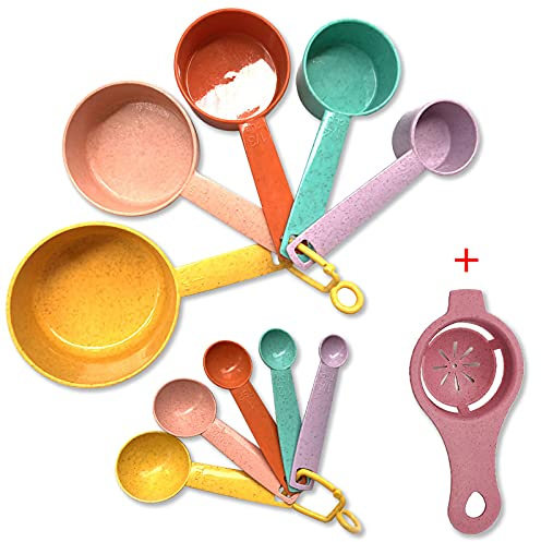 Plastic Measuring Cups and Spoons Set - 10 Pcs Colorful Kitchen Measuring Tool, Engraved Metric/US Markings Stackable Silicone Measure Cup for Liquid & Dry Measuring, Cooking & Baking, Random Color