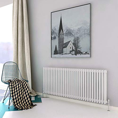 Acezanble∣3 Column Radiator, Horizontal 600mm White Wide Low Cast Iron Style Radiator Centre Heating for Window Hallway