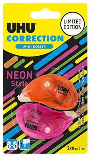 UHU Korrekturroller Neon Mini – Korrekturband schnell, sauber und präzise, weiß, 2 Stück, 6 m x 5 mm