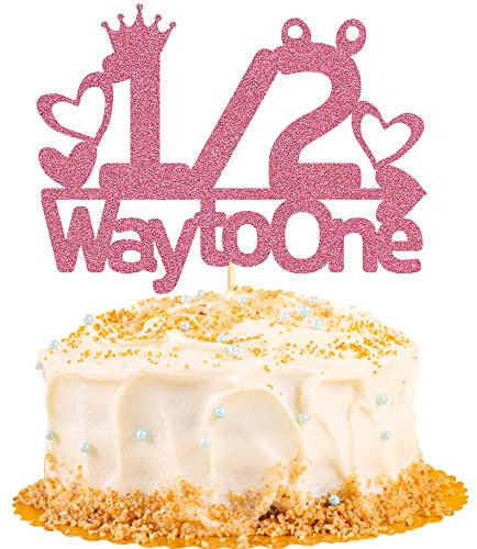 Sotpot Tortenaufsatz, 1/2 Half Way to One, rosa Glitzer, 6 Monate, Kuchenaufsatz für Jungen, Baby, halber Geburtstag, Party, Babyparty, Kuchendekorationen