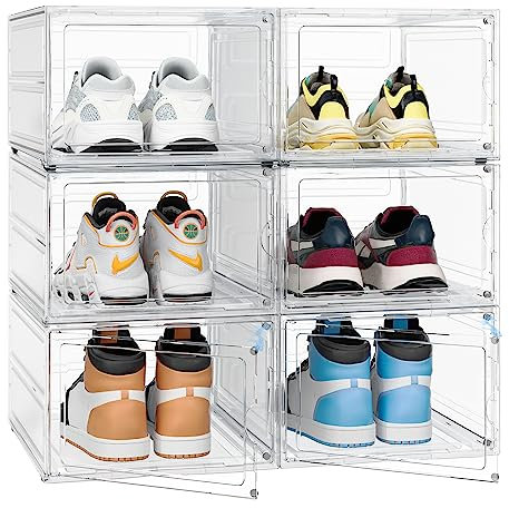 FUNLAX Shoe Box, 6 pcs Shoe Storage Boxes Clear Stackable Plastic,Shoe Organizer Containers with Magnetic Door for Men/Women 34.5 x 27 x 19 cm