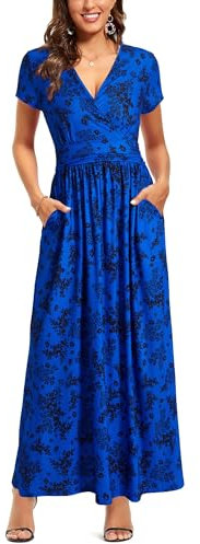 OUGES Women's Summer Casual V Neck Short Sleeve Floral Pattern Wrap Ladies Maxi Long Dress with Pockets(Floral-62,XL)