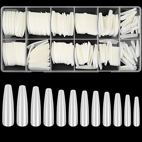 woshilaoDS 240pcs Natural Acrylic Nail Tips, Trapezoidal Extra Long Full Cover False Nails, Artificial Press On Ballerina French Tips