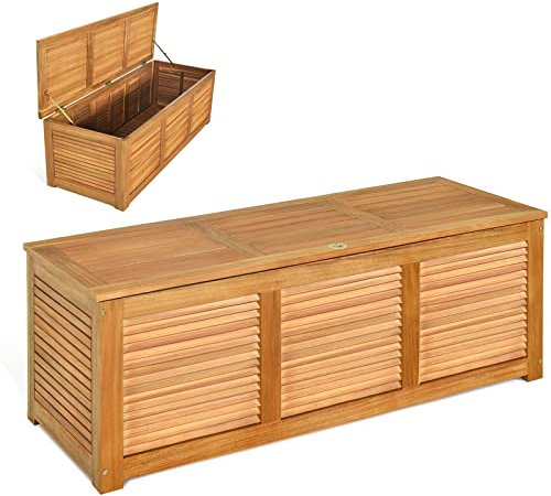 KOMFOTTEU Baúl de Jardín de Madera de Acacia 120 x 45 x 45 cm, Caja de Almacenaje con Capacidad de 178 L, Arcón Exterior con Tapa Antipolvo y Asa, Banco Contenedor con Soporte hasta 150 kg