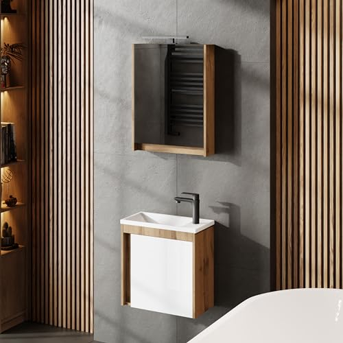 Planetmöbel Badmöbel Set 3-teilig Waschbecken mit Unterschrank 50 x 48,3 x 24,8 cm Wotan Eiche/weiß Hochglanz, Spiegelschrank 50 x 65 x 11,4 cm mit LED Aufbauleuchte