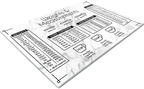 Glass Chopping Board 50 x 40 | Kitchen Worktop Protector | Multifunctional Cutting Board | Work Top Savers | Kitchen Accessories | Extra Large | Weights & Measurements Marble Effect