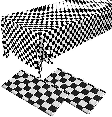 2 Pack 108 X 54 Black and White Rectangular Checkerboard Table Cloth Disposable Plastic Tablecloth for 8ft Long Rectangle Tables, Waterproof Table Covers for Party Supplies,Picnic,Birthday Party