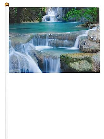 Handflaggen mit Wasserfall-Bachlauf-Druck, kleine Flaggen mit sicherer Speerspitze, Mini-Polyester, vollfarbig, reißfest, für Gedenktag, 10 Stück