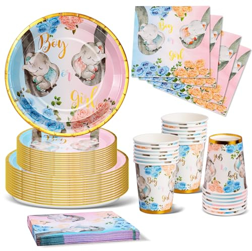 Nkaiso Partygeschirr Set 96 Stück Kleiner Elefant Party Gender Reveal Supplies Party Deko Pappteller Tassen Servietten für Geburtstag Deko Babyparty Deko- 24 Gäste