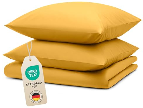 Blumtal Bettwäsche 200x200cm + 2X 40x80cm Kopfkissenbezug - Oeko-TEX zert. Mikrofaser Bettwäsche Set - Mikrofaser Bettbezug bis 95 °C - Deckenbezug + Kissenbezug 3-teilig - Duvet Cover Spicy Mustard