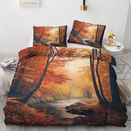 Winter Bettwäsche 135x200 Herbstwald - Herbst Deko Bettbezug 135 x 200 2er Set, Wendebettwäsche und Kissenbezug 80x80, Weiche & Angenehme & Warme Mikrofaser Bettwäsche-sets mit Reißverschluss