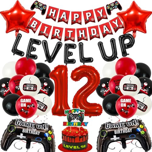 48pcs 12th Birthday Decorations for Boys - Gaming Party Decorations for Gamer Fans, Game Controller Balloons, Game On Balloon, Gaming Birthday Decorations