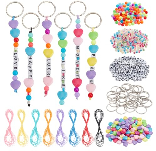 arricraft 630 Pcs Beaded Keychain Making Kit, Including Heart & Letter Acrylic Seed Beads Iron Split Key Rings and Waxed Polyester Cord for DIY Making Keyring Decor