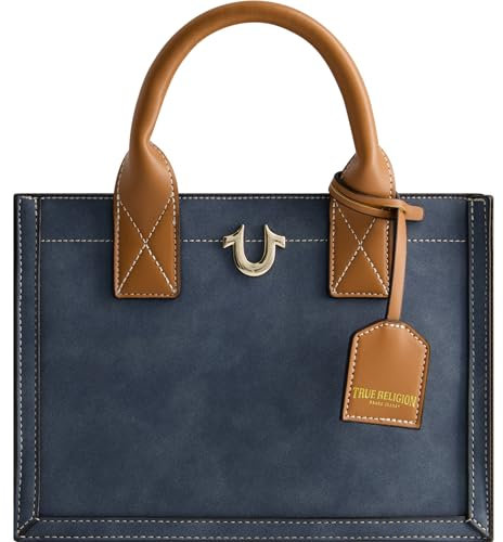 True Religion Damen Women's Tote Bag, Faux Suede Medium Travel Purse Handbag with Adjustable Shoulder Strap and Horseshoe Logo Tragetasche, Blau