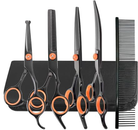 6-in-1 Fellschere für Hunde, Professionelle Edelstahl Pflegeschere Set für Hunde, Hundeschere Inkl Effilierschere, Gebogene, Gerade Schere, Fellpflegekamm, für Hunde, Katzen