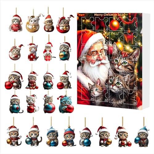 Weihnachtsbaum Katzen Anhänger, Weihnachtsanhänger Kleine Katze Deko, Adventskalender 2024, eihnachtsanhänger Baumschmuck, 24-Tage-Weihnachts-Countdown-Kalender, 2D Acryl Katzen-Hängeanhänger (D)