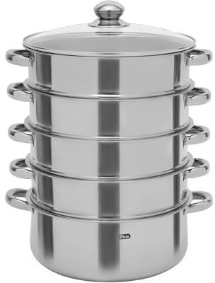 Edelstahl Dampfkocher 5-Lagiger Dampfgarer Topf Gardampftopf mit Dampfeinsatz und Glasdeckel Edelstahl Mantowarka Dampfgarer Mantowarka Gardampftopf Kochtopf,für Küche mit Glasdeckel (28cm)