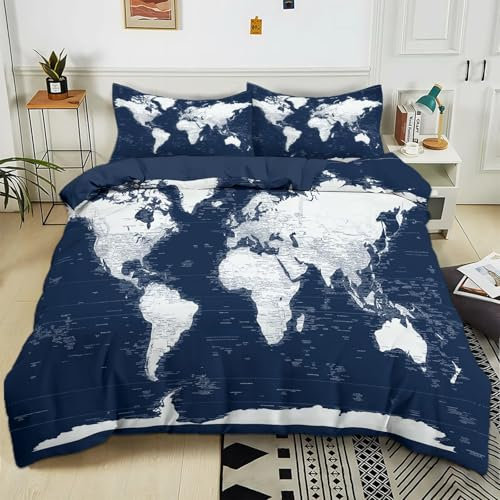 Bettwäsche 155x220 cm Blaue Weltkarte 3D Bedruckte Bettbezug Einfache Pflege 3-Teiliges Bettwäsche Set Polyester Baumwolle mit Reißverschluss und 2 Kissenbezug