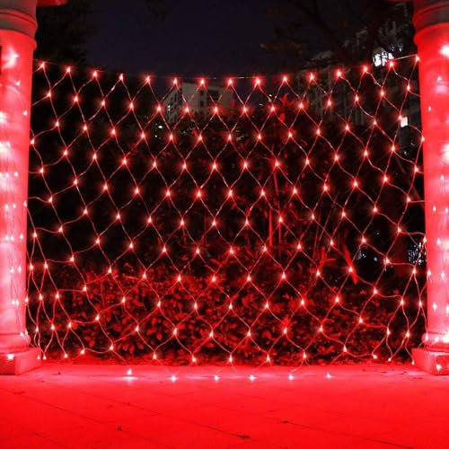 SUAVER 192LED Netz Lichterkette, Wasserdichte Lichtnetz batteriebetrieben Lichtervorhang Dekoration Weihnachtslicht Terrassenvorhang Licht für Weihnachtsbaum,Rasen,Büsche (Rot, 3x2M)