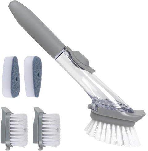XoeLLe Estropajo con Mango, Juego de Cepillo para Lavar Platos, Cepillos Limpieza Hogar con Dispensador de Detergente, con 4 Cepillos de Repuesto Cepillo de Cocina para Limpieza de Ollas Fregaderos