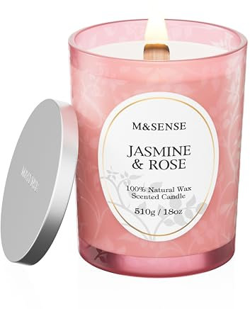 M&SENSE Candela Profumata Gelsomino e Rosa |510 g, Fino a 100 Ore di lunga combustione, candele profumate dal bouquet raffinato |Perfette per cene romantiche, regalo compleanno donna