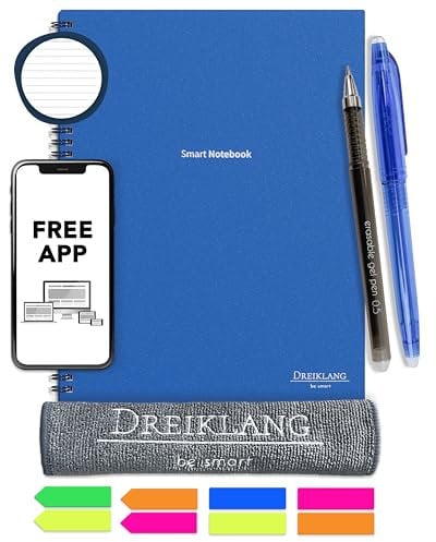 Dreiklang - be smart Wiederverwendbares Digitales elektronisches Notizbuch A 4 als Notebook mit Planer -iOS/Android App Cloud - Wiederbeschreibbar mit 2 Stiften, Mikrofaser-Tuch und Haftnotizen
